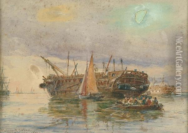 Prison Hulks In Portsmouth Harbour Oil Painting - Thomas Bush Hardy