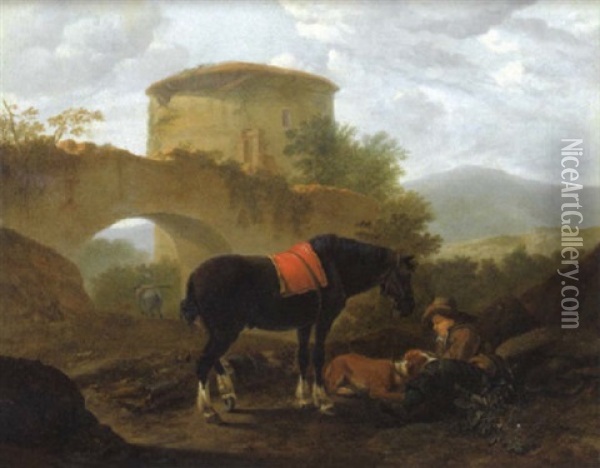 Rastender Reiter Mit Seinem Hund In Der Romischen Campagna Oil Painting - Johann Heinrich Roos