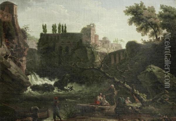 Figures Seated Before An 
Italianate Landscape, With A Waterfall In The Distance And A Villa On 
The Horizon Oil Painting - Carlo Bonavia