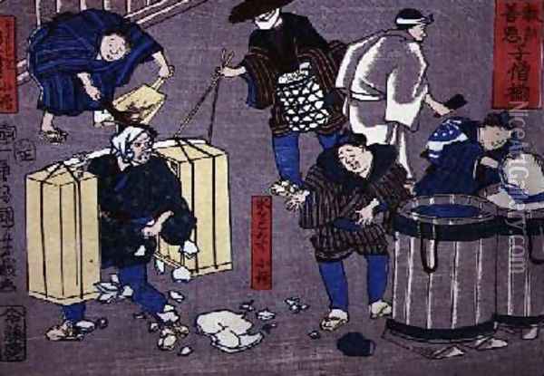 Moral teaching for shopboys giving good and bad examples of behaviour 14 Oil Painting - Utagawa Kuniyoshi