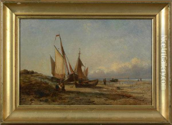 Coastal Scene With Boats And Figures Oil Painting - John Callow