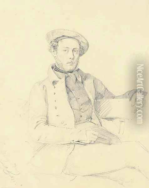 Portrait of a seated man, three-quarter-length, wearing a beret Oil Painting - Johann Moritz Rugendas