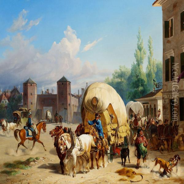 Carriages In Front Of An Inn Close To One Of The Town Gates Of Munich Oil Painting - Christian Frederik Holm
