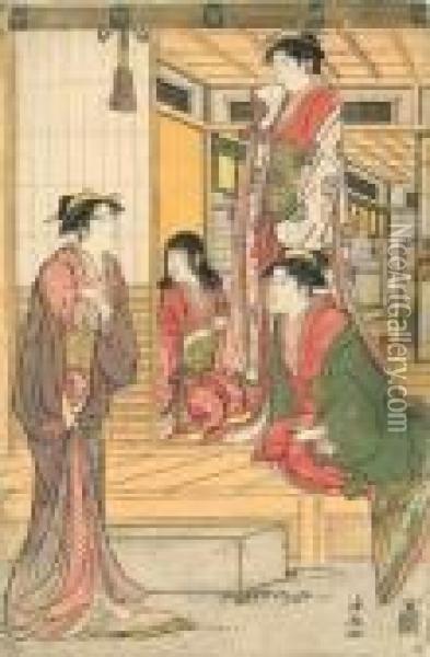 Trois Courtisanes Et Servante Sur Une Terrasse D'une Maison De The. Oil Painting - Torii Kiyonaga