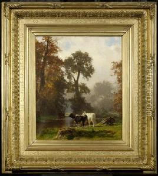 Landscape With A Forest And Cows On The Waterside Oil Painting - Auguste Bonheur