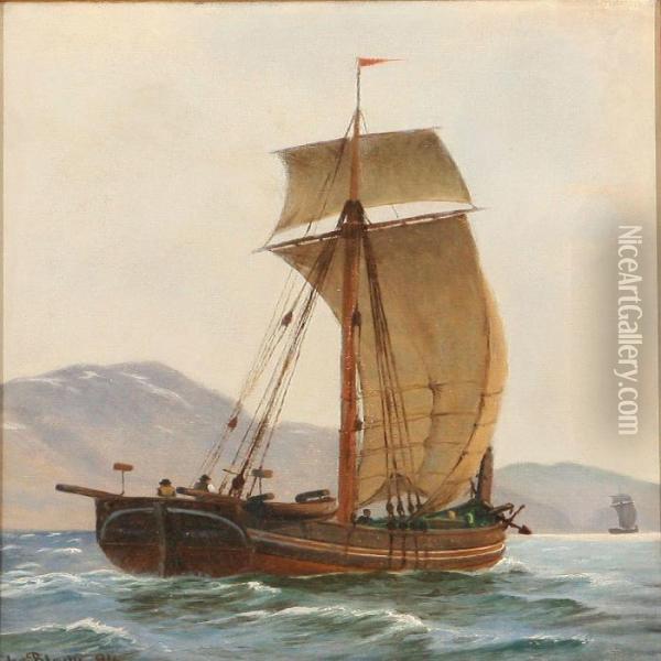 Coastal Scene Withtwo Sailing Ships Oil Painting - Christian Vigilius Blache