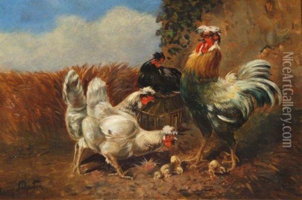 Cockerel And Chickens Outside Around A Nest Oil Painting - Henry Schouten