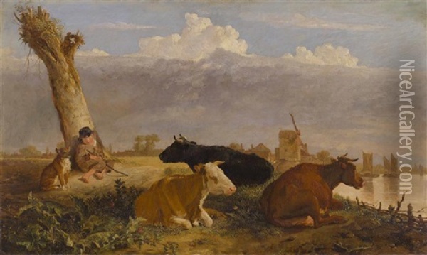 A Dutch River Landscape With Sleeping Cowherd Oil Painting - John Burnet
