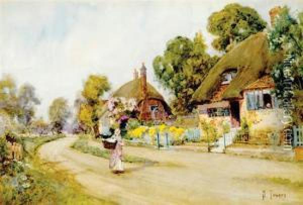 Thatched Cottages Along Country Lane Oil Painting - Samuel Towers