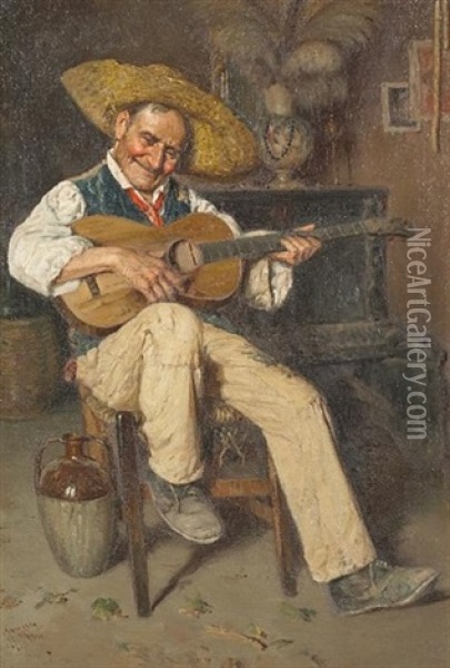 A Musician In An Interior (+ A Guitar Player; Pair) Oil Painting - Giuseppe Giardiello