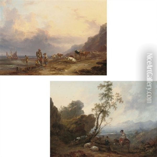 Fisherfolk And Cattle On The Seasore (+ A Mountainous Landscape; Pair) Oil Painting - Samuel Williamson