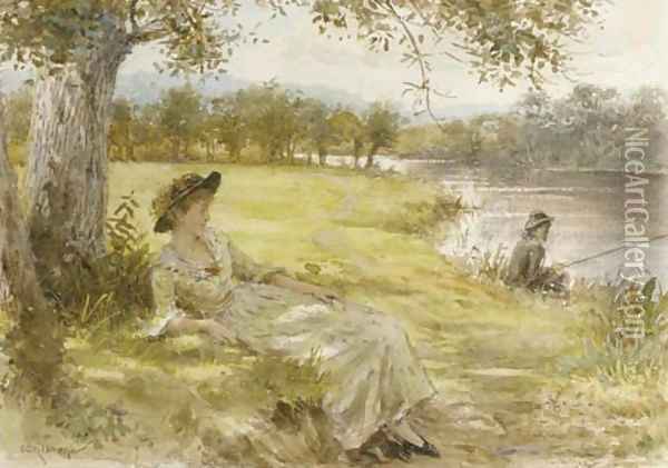 Reclining by the riverbank Oil Painting - George Goodwin Kilburne