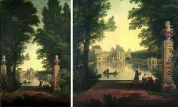 Vue Du Chateau De Fontainebleau Et De L'etang Des Carpes Oil Painting - Jean-Joseph-Xavier Bidauld