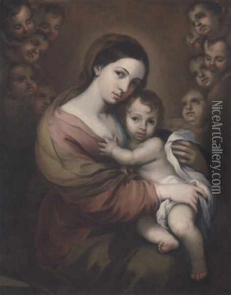 The Virgin And Child Surrounded By Cherubim Oil Painting - Bartolome Esteban Murillo