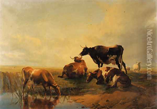 Cattle and sheep, by a pool Sunset Oil Painting - Thomas Sidney Cooper