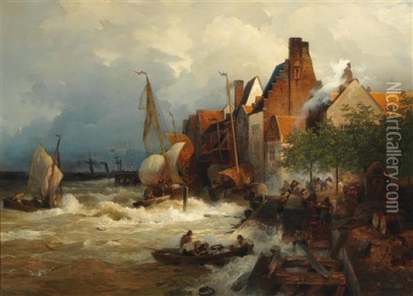 The Homecoming Of The Fishermen In Stormy Seas Oil Painting - Andreas Achenbach
