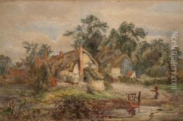 Landscape With Figure Approaching Cottages Oil Painting - Warwick Reynolds
