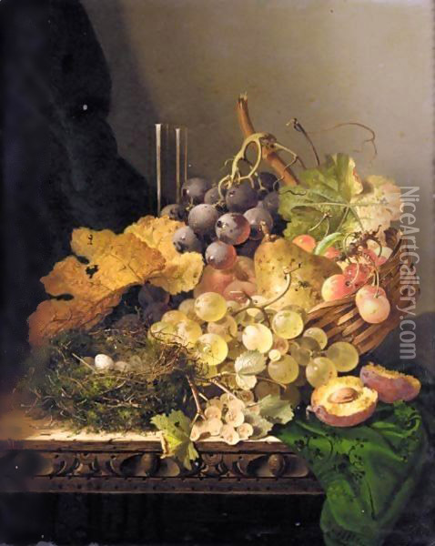 Still Life With A Bird's Nest, Pear, Grapes, Cherries And A Plum And A Glass Vase On A Ledge Oil Painting - Edward Ladell