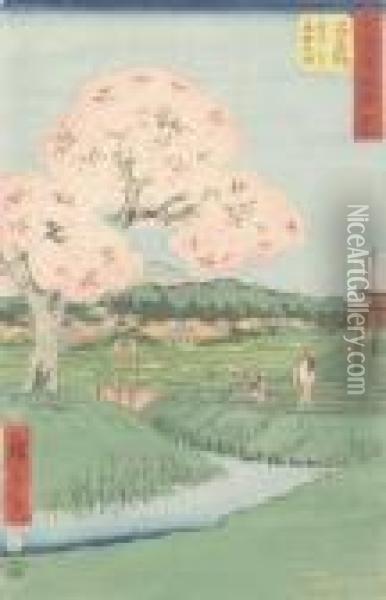 Landschaftspartie Mit Staffage Und Bluhendem Baum. Oil Painting - Utagawa or Ando Hiroshige
