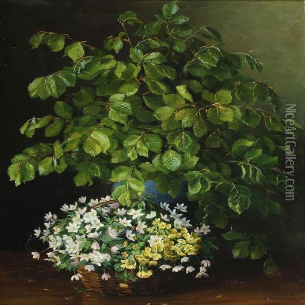 A Beech Branch And A Basket Of Anemone And Primulas Oil Painting - Emmy Marie Caroline Thornam