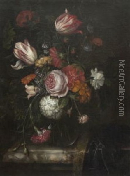 Stillleben Mit Tulpen, Schneeball, Rose, Mohn Und Anderen Bluten In Glasvase Auf Einer Marmorplatte Oil Painting - Isaac Denies
