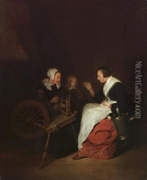 A Cottage Interior With A Woman At A Spinning Wheel With A Young Boy And A Maid Oil Painting - Quiringh Gerritsz van Brekelenkam
