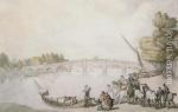 Boat Disembarking On The Thames Near Kew Bridge Oil Painting - Thomas Rowlandson