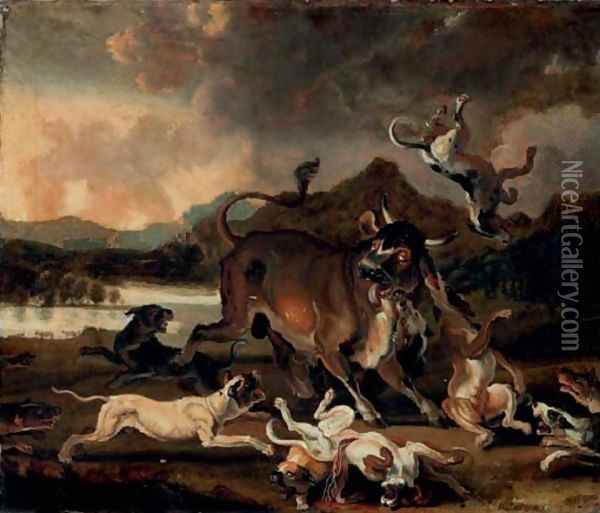 Hounds attacking a bull in a river landscape Oil Painting - Abraham Danielsz Hondius