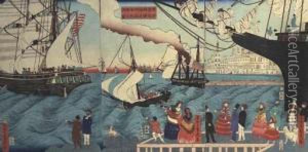 Amerikashu Kariforunia Ko 
Shuppan No Zu (picture Of Departure From A Port In California State In 
America) Oil Painting - Sadahide Hashimoto