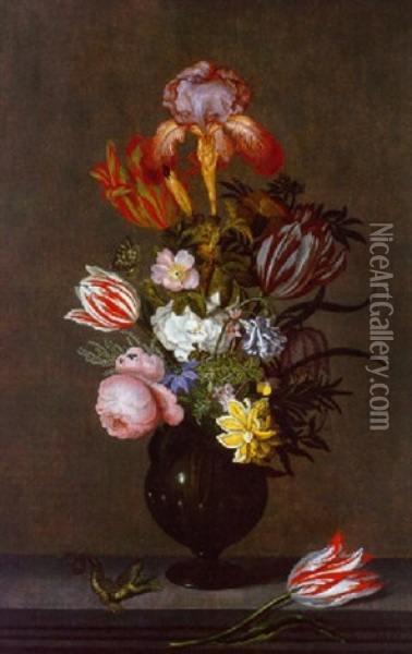 An Iris, Parrot Tulips, Roses And Other Flowers In A Glass Vase With A Parrot Tulip And A Lizard On A Stone Ledge Oil Painting - Johannes Bosschaert