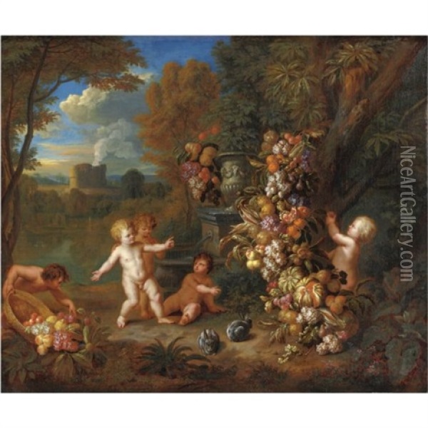 Trionfo Di Frutta Con Putti Oil Painting - Jan Pauwel Gillemans the Younger