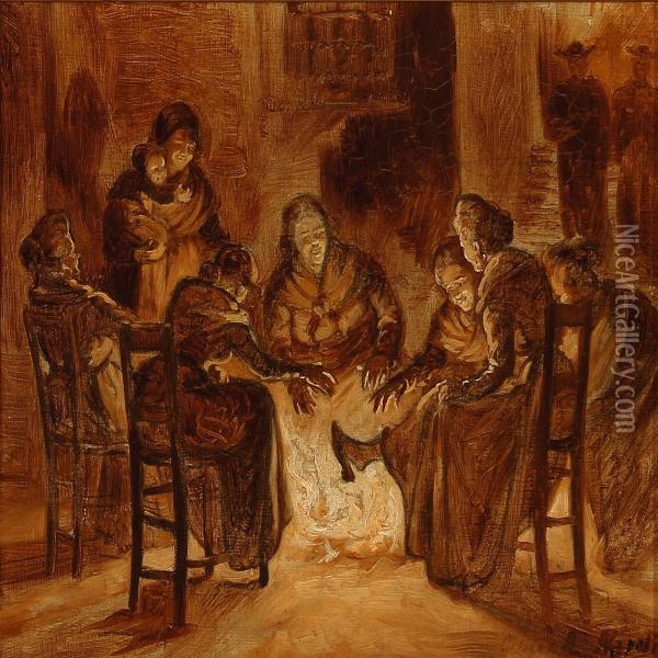 Women Around A Fireplace In Napoli Oil Painting - Cilius Andersen