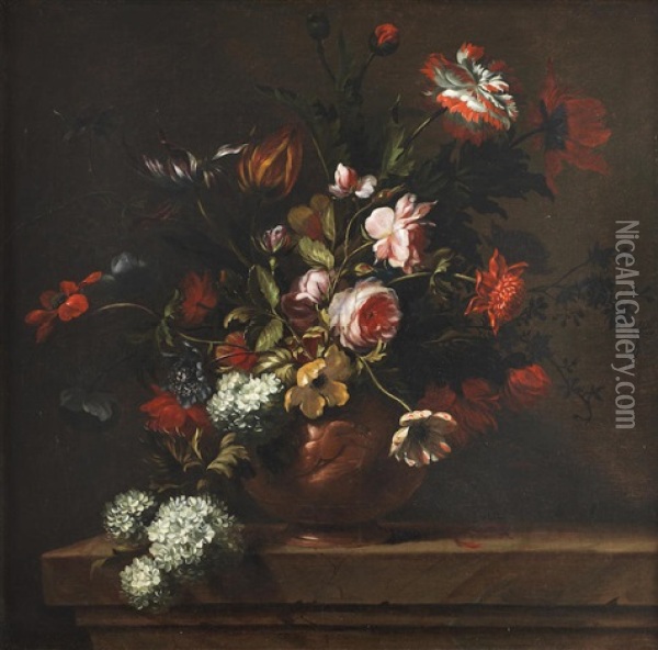 Tulips, Roses, Snowballs And Other Flowers In A Terracotta Vase On A Stone Ledge Oil Painting - Jean-Baptiste Belin de Fontenay the Elder