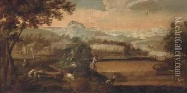 Figures Hunting In An Extensive Landscape Oil Painting - Peter Tillemans