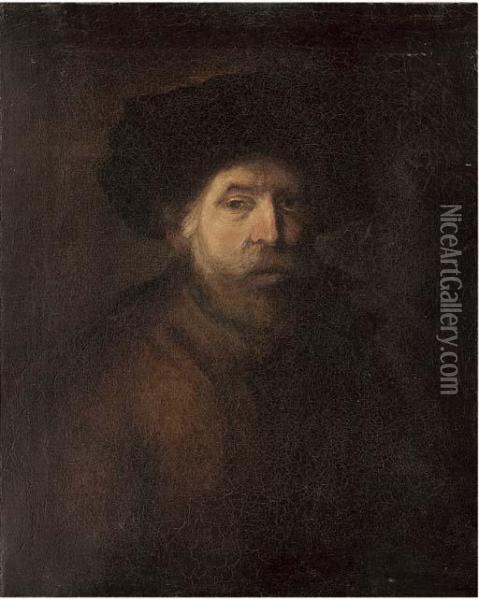 Portrait Of A Gentleman, Bust-length, Wearing A Black Cap Oil Painting - Rembrandt Van Rijn