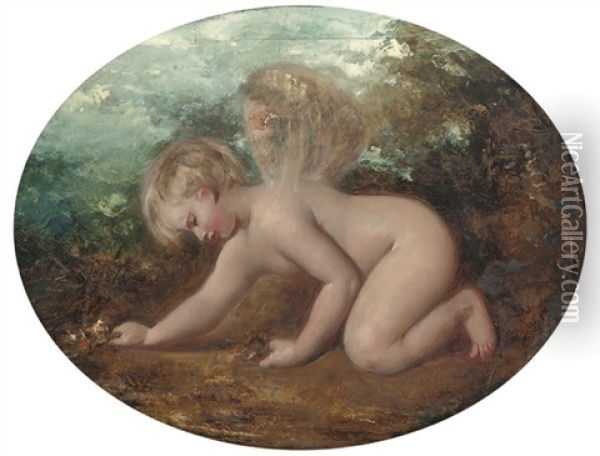 A Putto Collecting Flowers Oil Painting - William Etty