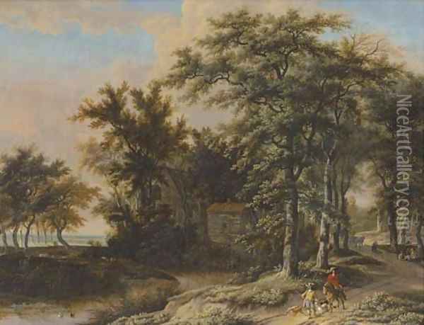 A wooded landscape with hunters on a path Oil Painting - Adriaen Hendricksz Verboom