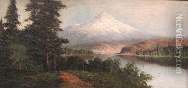 A River Landscape With A Snow-capped Peak Beyond Oil Painting - John Joseph Englehardt