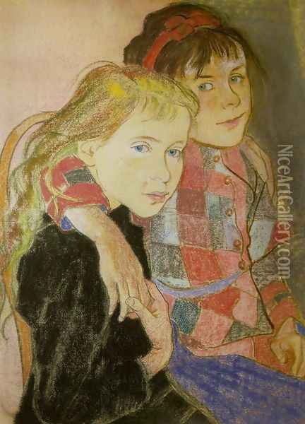 Two Girls Oil Painting - Stanislaw Wyspianski
