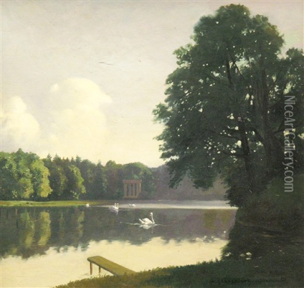 Der Badenburger See Im Englischen Garten Mit Blick Auf Das Monopteros Oil Painting - Max Barascudts