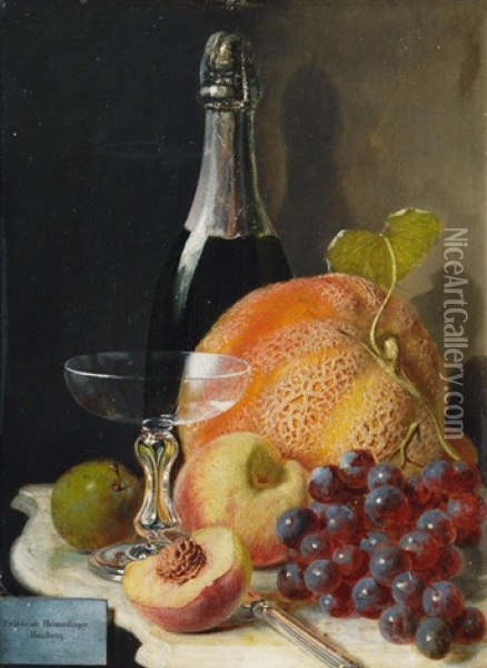 Still Life With Melon And Peaches And Champagne Bottle Oil Painting - Friedrich Heimerdinger