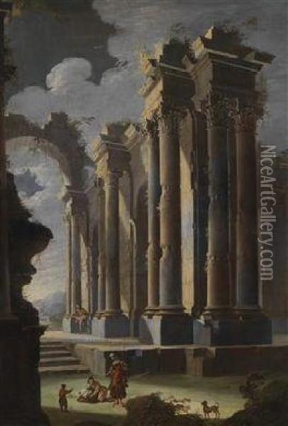A Pair Of Architectural Capricci With Figures Oil Painting - Leonardo Coccorant