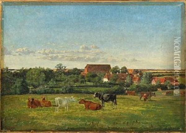 Grazing Cattle Oil Painting - Andreas Peter Madsen