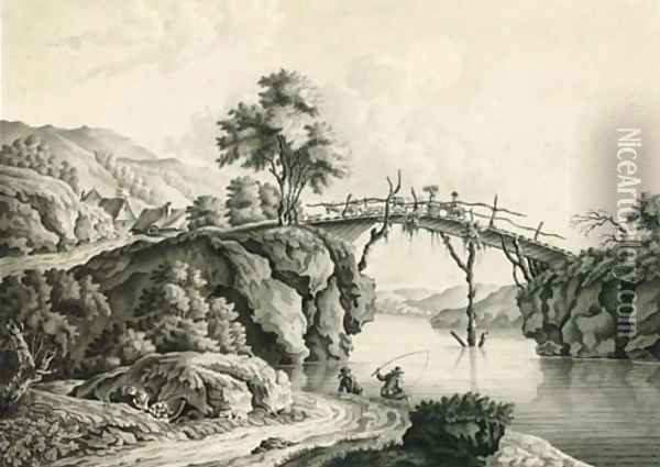 Herders with cattle crossing a bridge with anglers below; and Figures with a horse and cart crossing a bridge Oil Painting - Lieutenant Thomas Yates