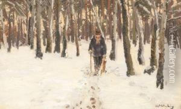 Spazierganger Im Winterlichen Wald Oil Painting - Hugo Muhlig
