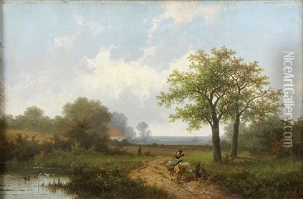 Traveller In A Landscape Oil Painting - Hendrik Pieter Koekkoek