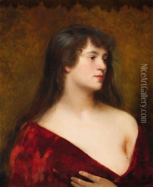 Portrat Einer Jungen Frau Im Roten Kleid Oil Painting - Jose Frappa