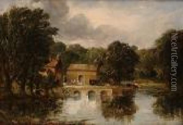 Figures And Cattle Beside A Lake Oil Painting - Alfred Vickers