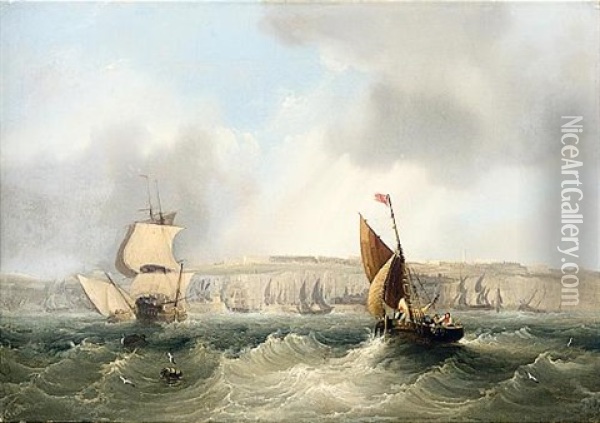 Fishing Boats Off The Coast (+ A Dutch Fishing Vessel Off The Coast; Pair) Oil Painting - Frederick Calvert
