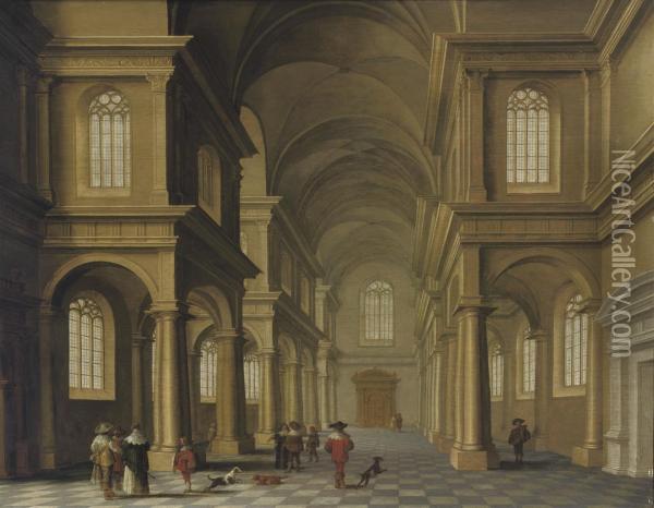 A Classical Church Interior With Elegant Figures Oil Painting - Anthonie De Lorme
